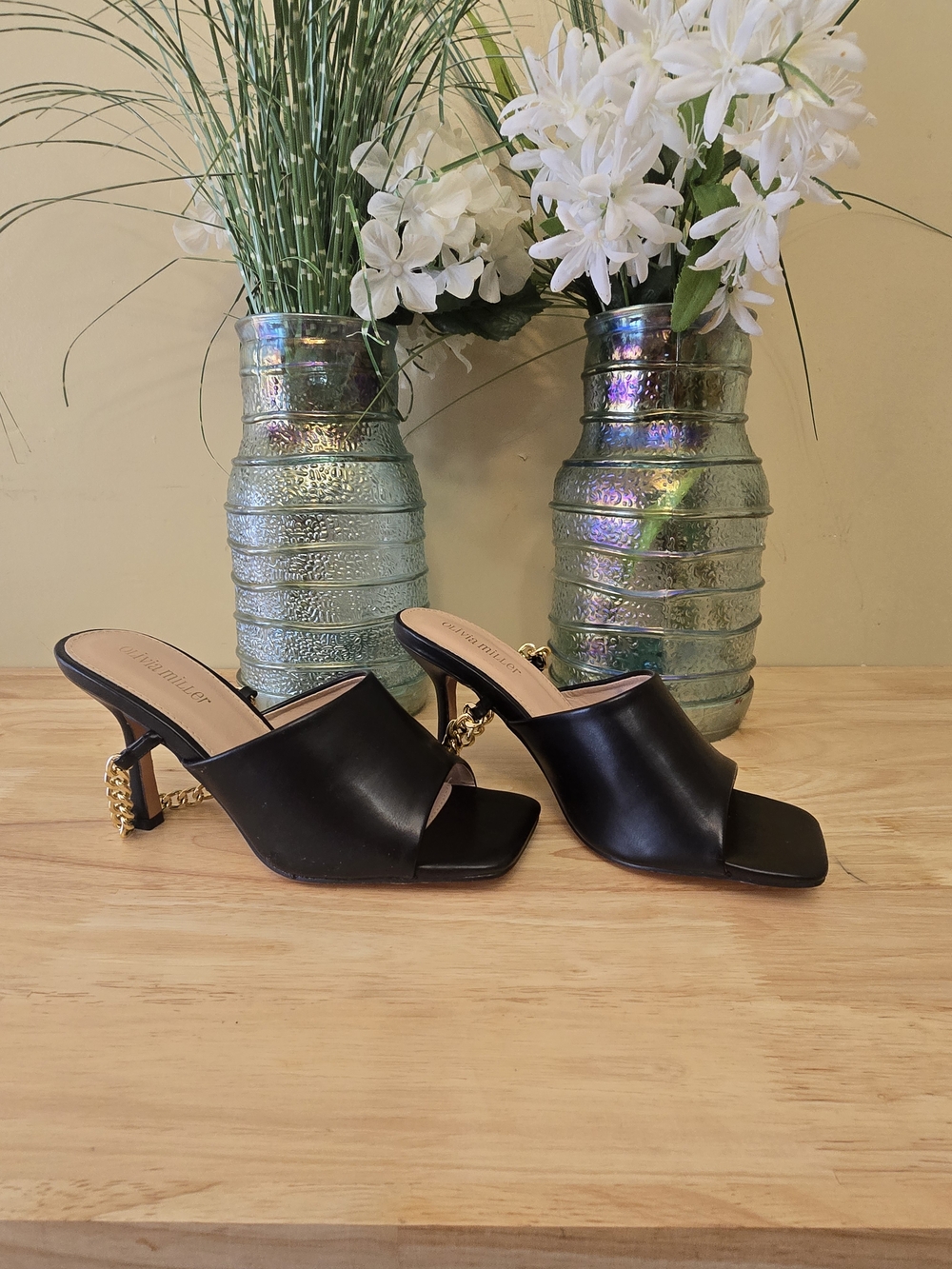 Black Leather Chain-Detail Mule Heels -